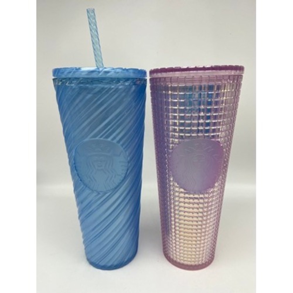 Starbucks 24oz Cold Cup Tumbler Set of 2 Blue Swirl and Pink Iridescent Disco